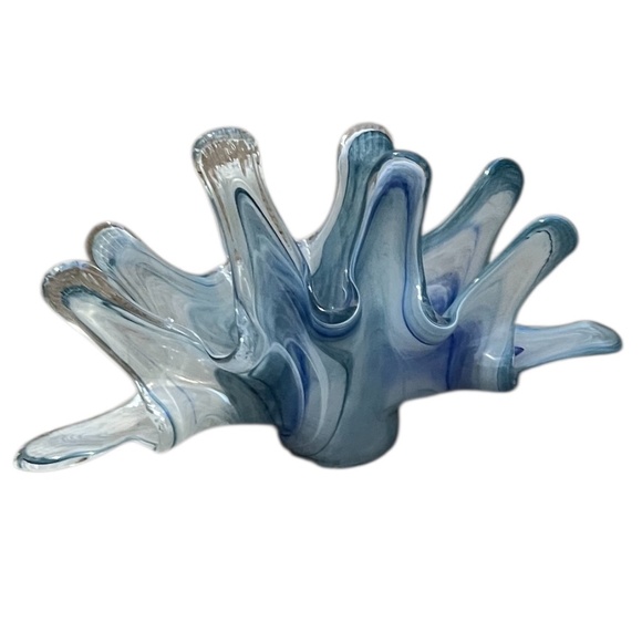 Hand-blown Murano Art Glass Napkin Holder/Bowl In a Blue & White Swirl pattern